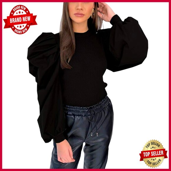 Ribbed Ruched Crewneck Blouse Puff Sleeve Slim Fit Elegant Party Top